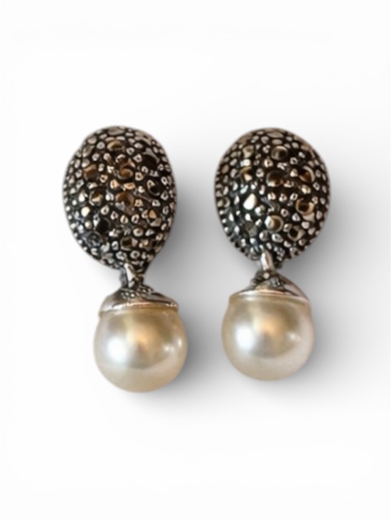 Vintage Jewelry - Vintage Sterling Silver Marcasite Earrings with Mother of Pearl Drops